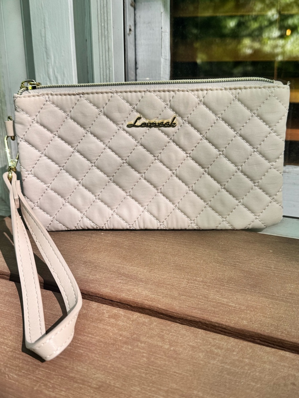 Lovevook Cream Quilted Wristlet with Gold Logo